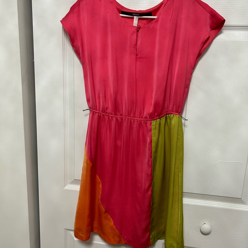 80’s Neon Pink Green & Orange Color Block Cap Sleeve Dress